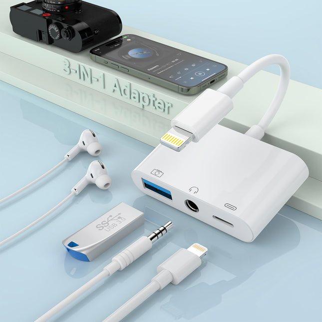 3-ühes Lightning - 3,5 mm kõrvaklapipesa + laadija + kaameraadapter, Apple MFi sertifitseeritud, USB - iPhone OTG Audio Aux adapter, ühendab