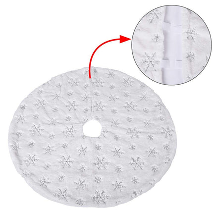 BAKAJI Christmas tree rug, diameter 78 cm, made of soft plush, white, snow effect with snowflake decoration, Christmas decoration (silver)