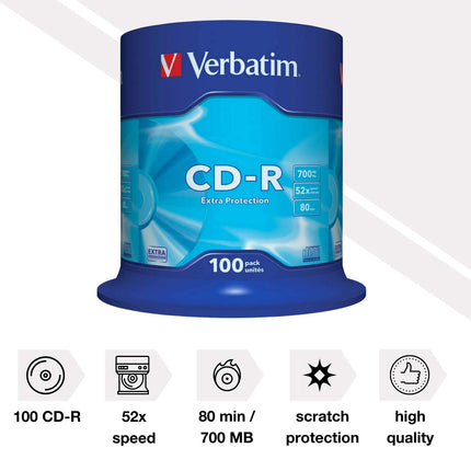 Verbatim CD-R Extra Protection, tühjad CD-d 700 MB andmesalvestusega, ideaalsed foto- ja videosalvestuste jaoks, ühilduvad iga tavalise CD-draiviga, 100 tk pakis
