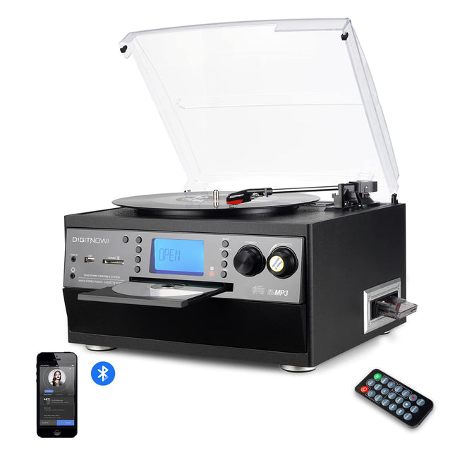 DIGITNOW! Plaadimängija Bluetoothi, USB-plaadimängija ja kodeerimisfunktsiooniga, klassikaline CD-mängija FM-kassetiga, 3 kiirustaset, 33/45/78 p/min, integreeritud kõlarid.