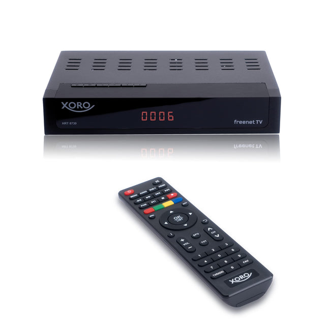 XORO DVB-C/T2 kombineeritud vastuvõtja HRT 8730 hübriid USB-meediapleieri, PVR-valmidusega, ajanihkega, integreeritud Irdeto juurdepääsusüsteemiga Freenet TV jaoks ja 6-kuulise krediidiga