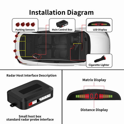 Juhtmevaba tagumine parkimisandurite komplekt 4 PDC-anduriga, LED-kaugusnäidikuga ja helisignaaliga + 4 vilkuvat punast tagumist parkimisandurit autodele, kaubikutele, haagissuvilatele ja haagistele.