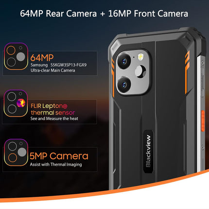 Blackview BV8900 lepinguta õues kasutatav nutitelefon 2025, termokaamera, 16 GB + 256 GB, 6,5" FHD+ 2.4K, 64MP, 10000mAh ehitusplatsi telefon, kahe SIM-kaardiga 4G lepinguta õues kasutatav nutitelefon, IP68, NFC, GPS, OTG, must
