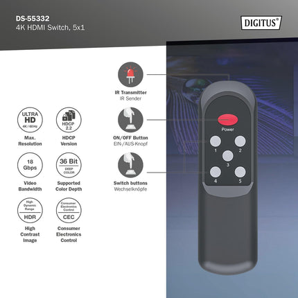 DIGITUS DS-55332 HDMI-lüliti 5x1 - 5 sisendit, 1 väljund - UHD 4K/60 Hz HDTV: 3840 x 2160p - HDCP 2.2 ja HDMI 2.0 - HDR, CEC, Deep Color, DTS, Dolby Digital, LPCM - teleri, monitori, PS5, PS4, Xboxi jaoks