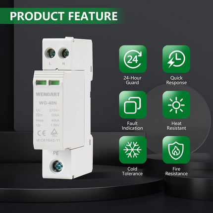 Wengart mini surge protection device WG-40N, 2P 18mm width, TÜV certification, low-voltage protection lightning surge protection