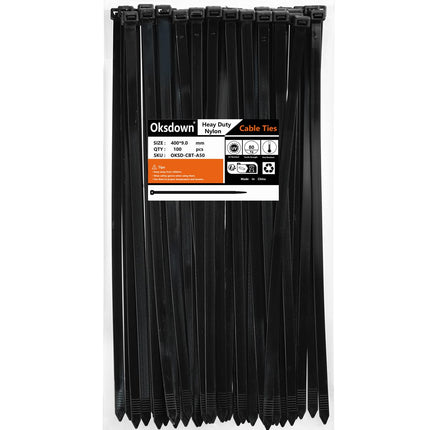 Oksdown 400mm × 9.0mm Wide 100 Pieces Extra Strong Cable Ties with 80 kg Tensile Strength Black UV-Resistant Large Nylon Plastic Self-Locking Multifunctional Cable Zip Ties