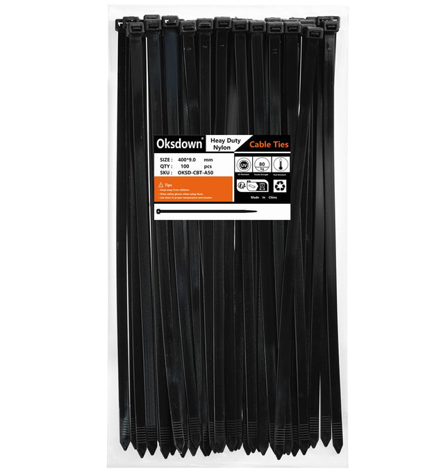 Oksdown 400mm × 9.0mm Wide 100 Pieces Extra Strong Cable Ties with 80 kg Tensile Strength Black UV-Resistant Large Nylon Plastic Self-Locking Multifunctional Cable Zip Ties