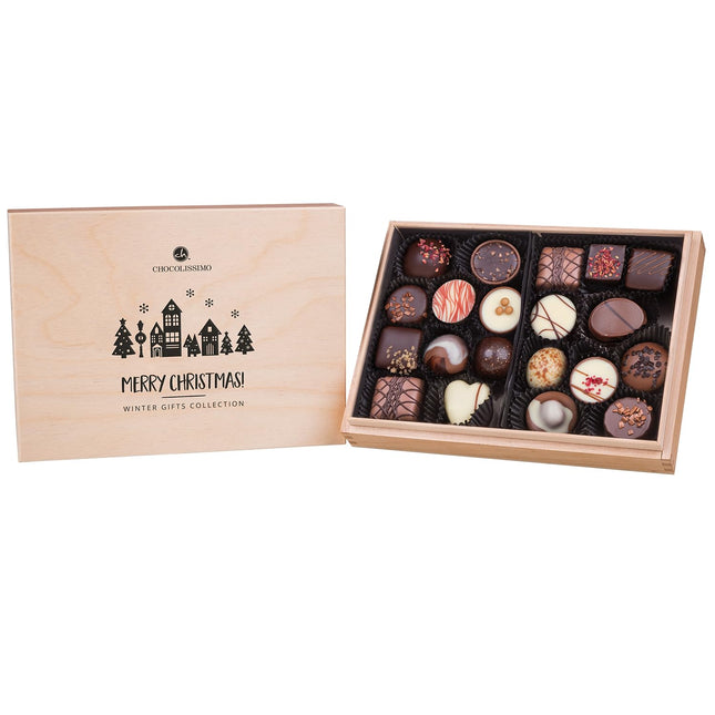 CHOCOLISSIMO - Šokolaadikink - 20 käsitööšokolaadi puidust karbis, alkoholivaba, jõulušokolaad, jõulukink, alkoholivaba, lastele, naistele, meestele - Xmas Premiere Midi