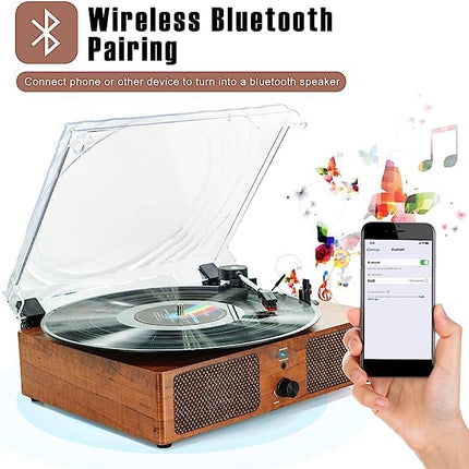 Bluetooth vinyl record player with built-in speakers, supports USB RCA output, Aux-in headphones, auto-stop, 3-speed belt drive, portable phonograph for entertainment and decoration