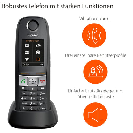 Gigaset E630HX - DECT-telefonitoru laadimisalusega - Fritzbox-ühilduv - Juhtmeta telefon ruuteri ja DECT-baasjaama jaoks - Tugev ja vastupidav, must [Saksa versioon] [Ilma baasjaamata]