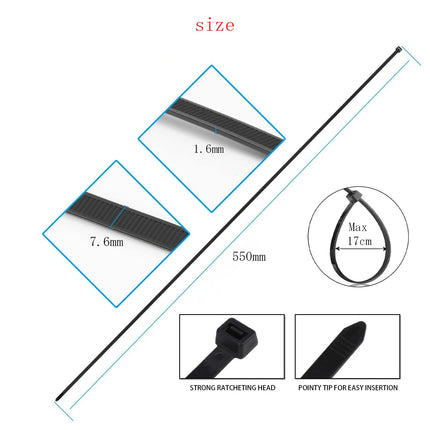 EzySup cable ties long, 550 mm x 7.6 mm, tensile strength 55 kg, 100 pieces, black