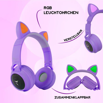 Techmade - Wireless LED Headphones | Cat Ear Design with Microphone | Clear Sound &amp; Function Keys | 6 Hour Battery Life | Adjustable &amp; Soft Ear Cushions, Purple