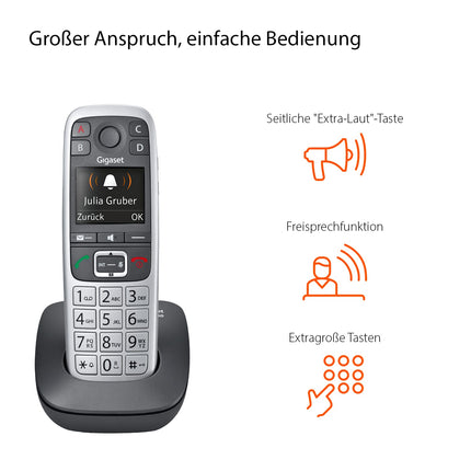 Gigaset E560 - Cordless DECT phone for seniors - emergency call button for 4 SOS numbers, side extra-loud button, hands-free function, keypad with extra-large keys, silver [German version]
