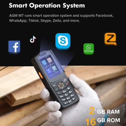 AGM M7 välistingimustes kasutatav mobiiltelefoni ilma lepinguta, 4G seenioridele mõeldud mobiiltelefon kahe SIM-kaardiga, IP68 veekindel, Facebook/Skype/TikTok 2.4" puuteekraan 1GB+8GB 2500mAh aku 80ML taskulamp nupuvajutusega mobiiltelefon
