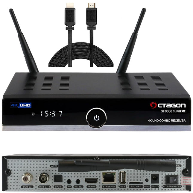 OCTAGON SF8008 UHD 4K Supreme kombovastuvõtja + NONIC HDMI-kaabel, satelliit-, kaabel- ja DVB-T2-vastuvõtja, E2 Linux ja Define operatsioonisüsteem, PVR-salvestusfunktsiooniga, M.2 M-võti, gigabiti LAN, kaardilugeja, WLAN WiFi