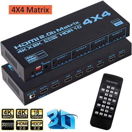 Maatriksi valik, 4 x 4, Matrix 4K, HDMI, 4 sisendit, 4 väljundit, Matrix HDMI 2.0 porti, 4 x 4, toetab 4K @ 60 Hz, 4K Dolby Vision HDR HDCP 2.2, kaugjuhtimispuldi tugi