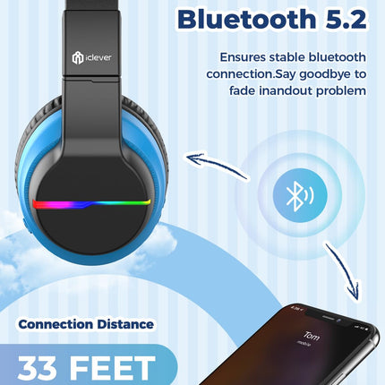 iClever Bluetooth laste kõrvaklapid, värvilised LED-tuled, kõrvaklapid lastele helitugevuse piiranguga 74/85dBA, 85 tundi mänguaega, Bluetooth 5.2, sisseehitatud mikrofon BTH12