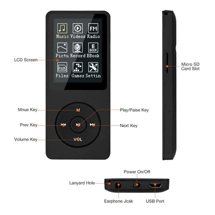 MP3/MP4 Player, Lychee Upgrade, 8 GB Digital Music Player, Portable HiFi Sound with Video/Voice Recording/FM Radio/E-Book Reader, Supports up to 64 GB (Black)