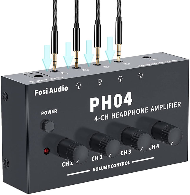 Fosi Audio PH04 4-kanaliga kõrvaklappide võimendi metallist stereoheli võimendi 12 V 1,5 A toiteallikaga, ülikompaktne kaasaskantav kõrvaklappide jaotur stuudio ja lava jaoks