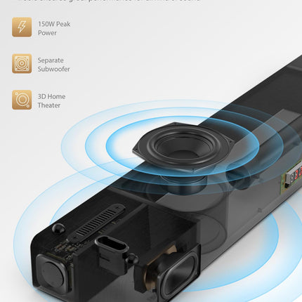 MEREDO puidust heliriba integreeritud subwooferiga 150W heliriba teleritele Kõik-ühes reguleeritavad kõrged ja bassid ARC/optiline/Aux/BT 5.0 5 ekvalaiseri režiimiga Kodukino - 71cm