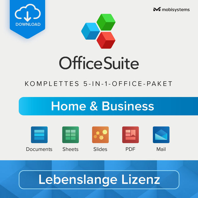 OfficeSuite kodu ja äri | 5-ühes kontoritarkvarapakett | Dokumendid, arvutustabelid, esitlused, PDF-id, e-post ja kalender | Eluaegne litsents | 1 Windowsi arvuti | 1 kasutaja [arvuti võrgukood]