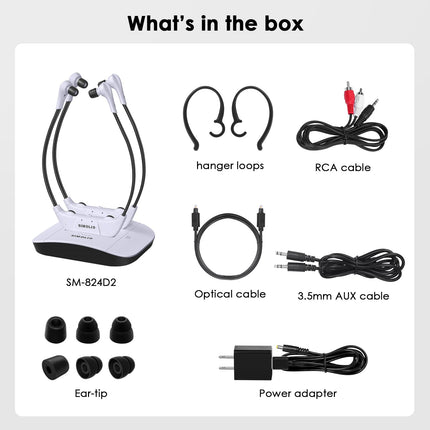 SIMOLIO Dual 2.4GHz Digitale TV Hörsystem, Kabelloser Kopfhörer für Fernseher & Musikanlagen mit ErsatzAkku, TV Funkkopfhörer für Senioren, Kinnkopfhörer, Optisch, RCA, AUX, TV Hörverstärker SM-824D2