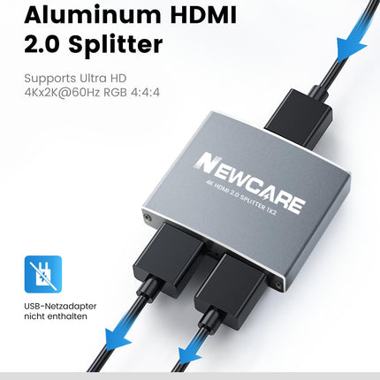 NEWCARE HDMI Splitter 1 in 2 Out (Mirror Only, Not Extend), 4K@60Hz HDMI Splitter 1 to 2 with 1.2M High Speed ​​Cable, HDMI Splitter for 2 Monitors Simultaneously for Full HD TV Xbox PS4/5 Grey