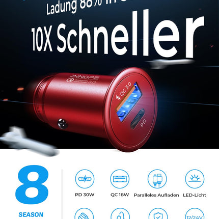 AINOPE sigaretisüütaja USB-C autolaadija 12v USB-adapter autolaadija pistikuga autolaadija iPhone 16/15/14/13/Pro Max Plus, iPad, Samsung (punane)