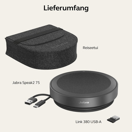 Jabra Speak2 75 wireless speakerphone with USB-A Bluetooth adapter, 4 noise-cancelling microphones, 65 mm wideband speaker, certified for Zoom and Google Meet, dark grey