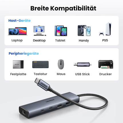 UGREEN 10Gbps USB C jaoturiga Etherneti adapter 2*USB C 3.2 ja 2*USB A USB C LAN-adapteriga, mis ühildub iPhone 16, iPad Pro/Air, MacBook Pro/Air, Galaxy S24, Steam Decki jne-ga.