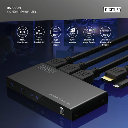 DIGITUS DS-55331 HDMI-lüliti 3x1 – 3 sisendit, 1 väljund – UHD 4K/60 Hz HDTV: 3840 x 2160p – HDCP 2.2 ja HDMI 2.0 – HDR, CEC, Deep Color, DTS, Dolby Digital, LPCM – teleri, monitori, PS5, PS4, Xboxi jaoks