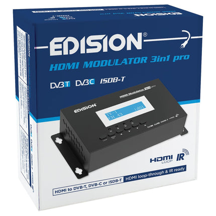 EDISION HDMI modulaator 3in1 pro, modulaator DVB-C, maapealse DVB-T või ISDB-T kaabeltelevisiooni jaoks, Full HD jaotus koaksiaalkaabli kaudu, RF IN, LCD-ekraan, kiire seadistamine, plug &amp; play
