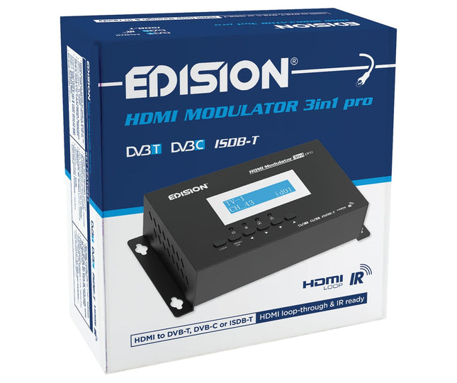 EDISION HDMI modulaator 3in1 pro, modulaator DVB-C, maapealse DVB-T või ISDB-T kaabeltelevisiooni jaoks, Full HD jaotus koaksiaalkaabli kaudu, RF IN, LCD-ekraan, kiire seadistamine, plug &amp; play
