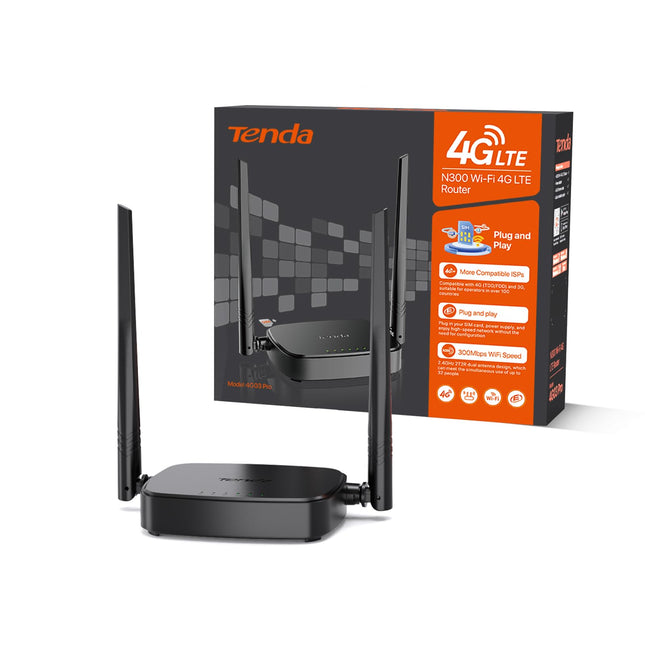 Tenda 4G03 Pro 4G LTE ruuter, WiFi ruuter Nano-SIM kaartidele (N300 CAT4, 150 Mbps allalaadimine, 300 Mbps 2.4GHz), 2*4dBi antenni, Plug &amp; Play, kiire Etherneti port, rakendus, ruuterirežiim, LED, must