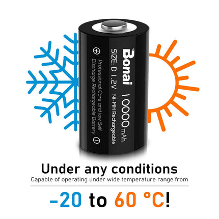BONAI D aku 10000mAh Mono D laetavad akud, suure mahutavusega D Accu NiMH 1.2V D-elemendid, laetavad D-akud madala isetühjenemise ja pika elueaga (4 tk pakis)