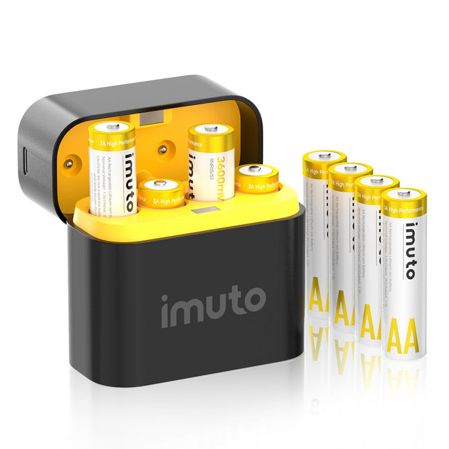 imuto rechargeable lithium AA battery 8 pieces with charger, 3600 mWh high capacity 3 amps 100% peak performance AA batteries, simulate alkaline with non-constant voltage AA Li-ion