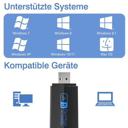 USB WiFi-pulk, ElecMoga 1300Mbps USB 3.0 WiFi-adapter 2.4GHz/5.8GHz kahesageduslik internet 2 x 5dBi antenniga arvuti/lauaarvuti/sülearvuti jaoks, ühildub Windows 11/10/8/7/Vista/XP ja Mac OS-iga