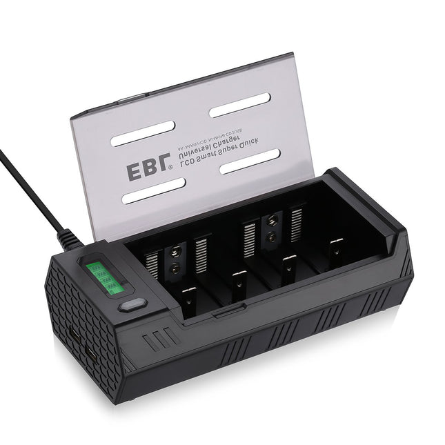EBL 908 universaalne akulaadija - AA/AAA/Baby C/Mono D/9-voldise plokk-/NiMH/NiCD laetavate akude ja USB-seadmete jaoks, LCD-tühjendaja ja USB-akulaadija