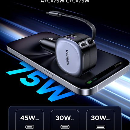 UGREEN sigaretisüütaja USB-C 75W sissetõmmatav autolaadija autolaadija USB kiirlaadija mobiiltelefoni autotarvikud 12v USB laadimiskaabel autoadapter iPhone 16, iPadi, Galaxy S24 S25, GPS-i jne jaoks