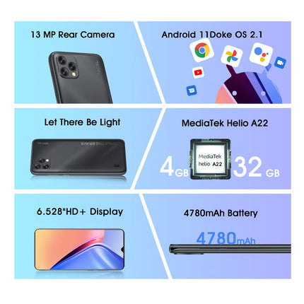 OSCAL C60 Android 11 4G nutitelefon, lukustamata, Helio A22 neljatuumaline, 4 GB muutmälu + 32 GB ROM, 6,53-tolline HD+ ekraan, kahe SIM-kaardiga mobiiltelefon, 13 MP + 5 MP topeltkaamera, 4780 mAh aku, GPS, WiFi, näotuvastus, sinine