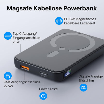 Magsafe'i akupank, magnetiline akupank 12000 mAh, PD 22,5 W USB-A väljund, juhtmevaba kaasaskantav laadija C-tüüpi sisendi ja väljundiga, LED-ekraan iPhone 16/15/14/13/12/Pro/Pro Max seeriale
