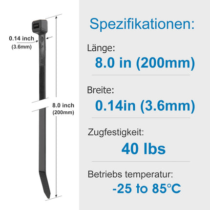 Yaluzibi 1000 tk mustad kaablisidemed, 200 mm x 3,6 mm nailonist kaablisidemed, pikad, UV-kindlad, 8-tollised kaablisidemed, tõmbetugevus 18 kg, iselukustuvad kaablite korrastamiseks, aiandus