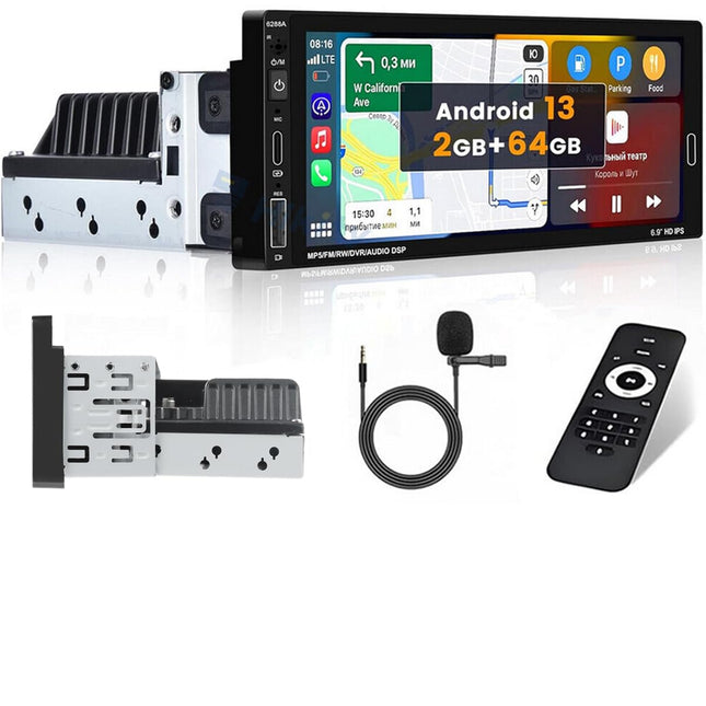 [2+64G] Hikity Android 13 autoraadio 1 DIN juhtmevaba Carplay Android Auto navigatsiooniga GPS 6,9-tolline puutetundlik ekraan Bluetooth Mirror Link FM/RDS EQ WiFi USB Type-C tahavaatekaamera
