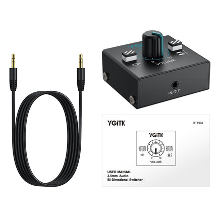 YGiTK 3,5 mm audiolüliti 2(1)-sisend-1(2)-väljundiga audiolüliti 3,5 mm audiokaabliga, helitugevuse reguleerimise ja ühe nupuvajutusega vaigistusnupuga, kõlarite ja kõrvaklappide helilüliti helijaotur