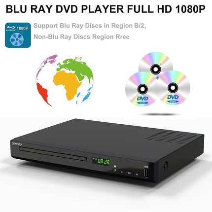 HD Blu-ray mängija, kompaktne Blu-ray mängija HDMI 1080P DVD-mängija HDMI-väljundi/AV-väljundi/koaksiaalväljundiga, USB-sisendiga, toetab kõiki DVD-sid ja B-regiooni / 2 Blu-ray plaate