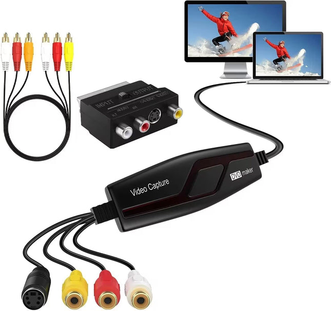Videokaart, USB 2.0 videokaart, RCA-USB videomuundur, teisendab VHS-videokasseti, Hi8 Mini DV digitaalseks arvuti- ja telerikaamera jaoks, ühildub Mac OS X-i või Windowsiga