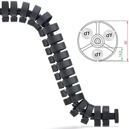igus® OCR kaablijuhik, ümmargune, must, 1000 mm. Paindlik kaablitoru, kaablikett, kaablihaldus laudadele. Valmistatud Saksamaal. Auhinnatud kaablikett: reddot Design Award 2018 võitja.