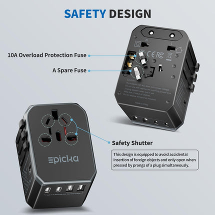 EPICKA ülemaailmne reisiadapter, universaalne reisipistiku adapter 30W, rahvusvaheline pistikupesa adapter 3 USB-C ja 2 USB-A pistikuga, reisiadapter Saksamaa, USA, Ühendkuningriigi, Jaapani, Tai ja Austraalia jaoks TA-105C