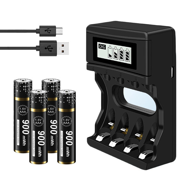 AAA patareidega laadija, 4 tk - 1,5 V/liitiumlaetavad liitium AAA patareid, 900 mWh, 4 pesaga LCD-ekraaniga laadija liitiumioonakudele AA AAA patareid, Micro USB kiirlaadimine