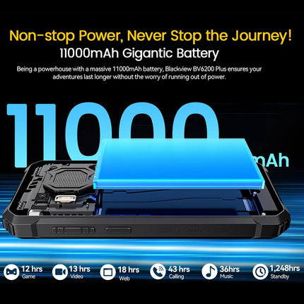 Blackview BV6200 Plus lepinguta õuetelefon 2025, 24GB + 256GB/2TB õuenutitelefon Android 14, 6,56" ekraan, 98db 3W kõlar, 11000mAh, IP68 veekindel ehitusplatsi telefon, kahekordne 4G, must